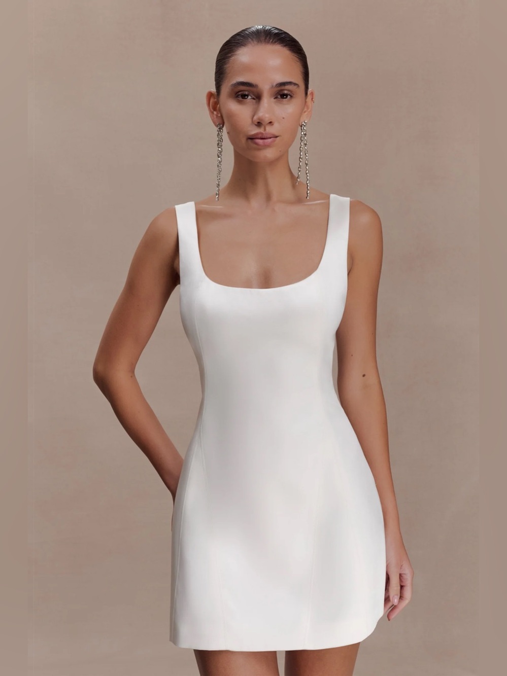 Meshki White Satin Square Neck Slip Dress